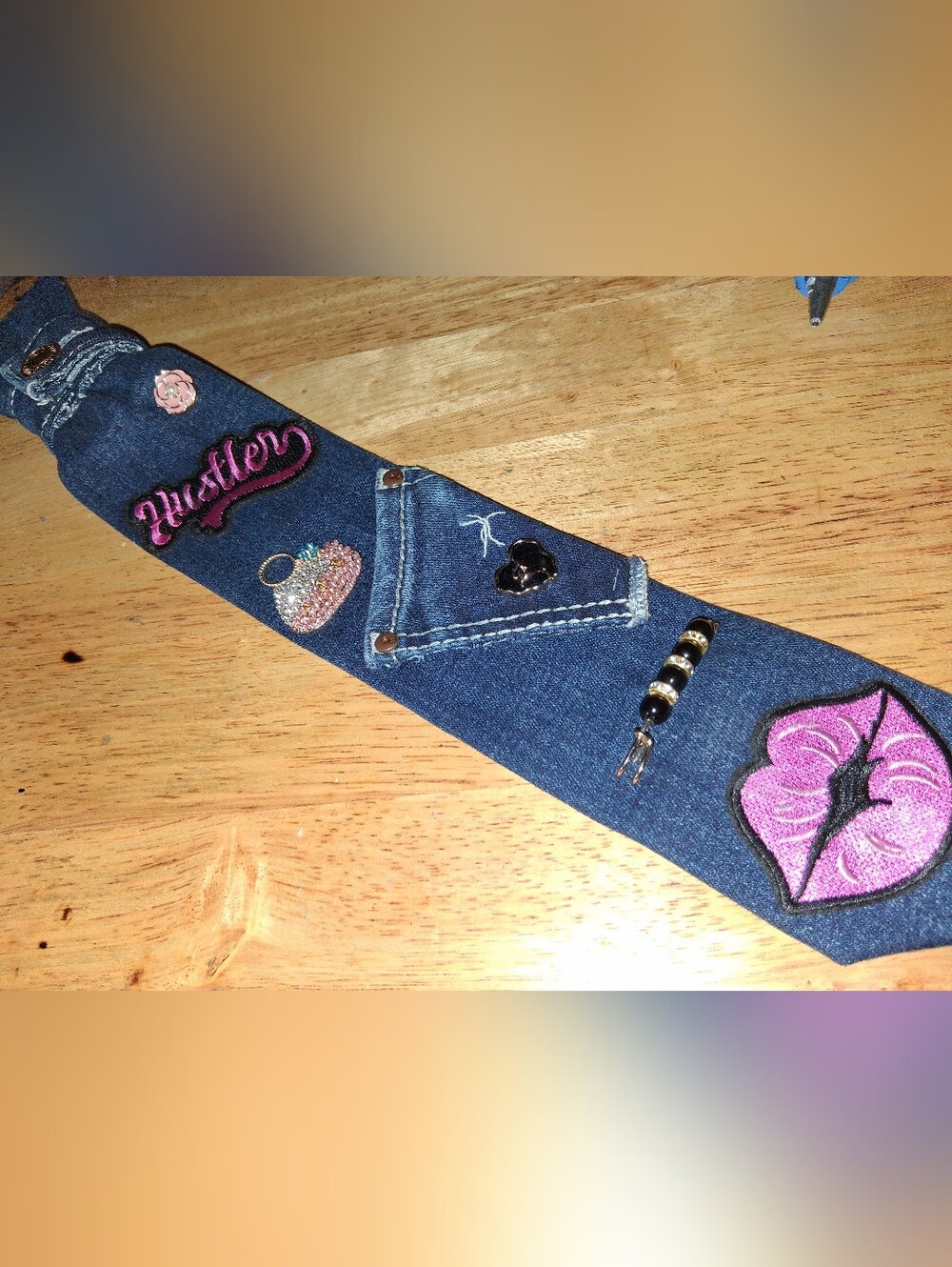 Blue Denim Patchwork Belt with Pink Embroidered Accents